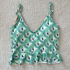 Kortni Jeane Green and White Geometric Swim Top